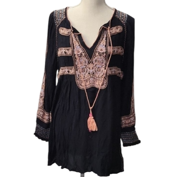 Free People Embroidered Black and Pink Women's Top - Picture 1 of 5